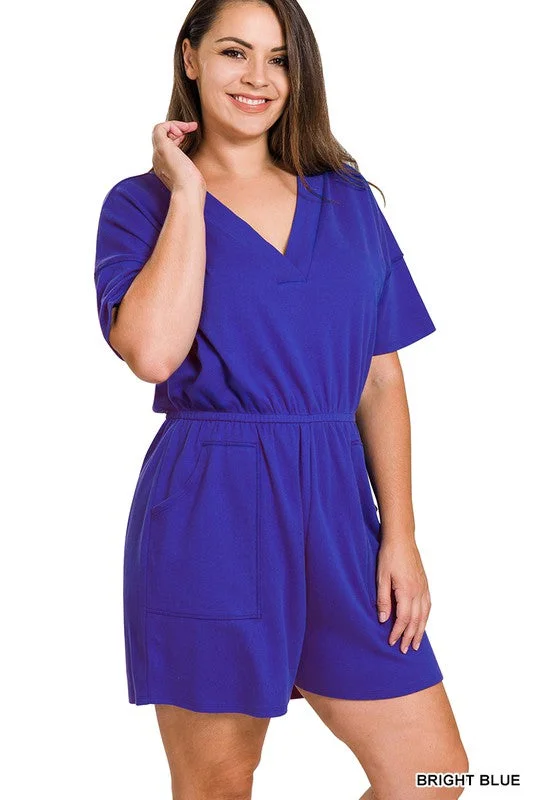 PLUS Size DROP SHOULDER V-NECK ROMPER WITH POCKETS in bright blue