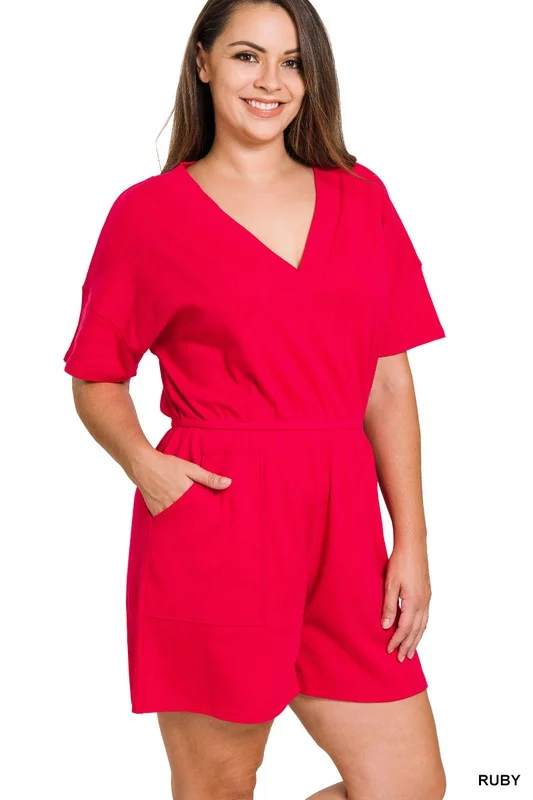 PLUS Size DROP SHOULDER V-NECK ROMPER WITH POCKETS in ruby