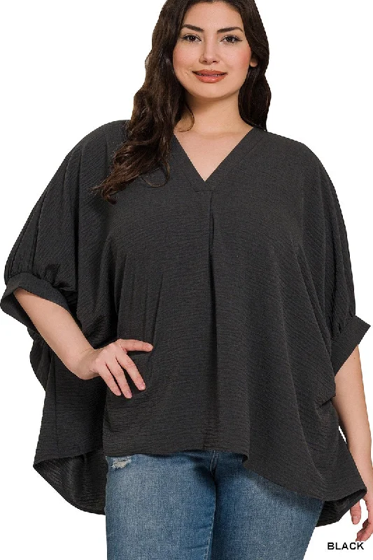 PLUS WOVEN AIRFLOW V-NECK PUFF HALF SLEEVE TOP - Black