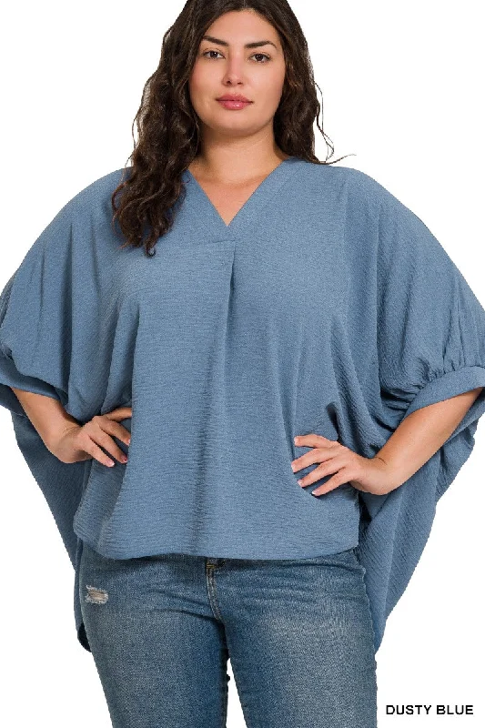 PLUS WOVEN AIRFLOW V-NECK PUFF HALF SLEEVE TOP - Dusty Blue