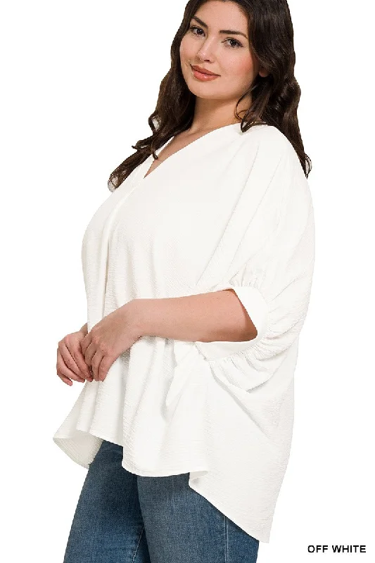 PLUS WOVEN AIRFLOW V-NECK PUFF HALF SLEEVE TOP - Off White