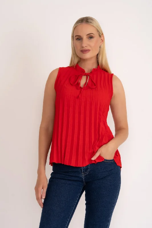 Red Pleated Sleeveless Top