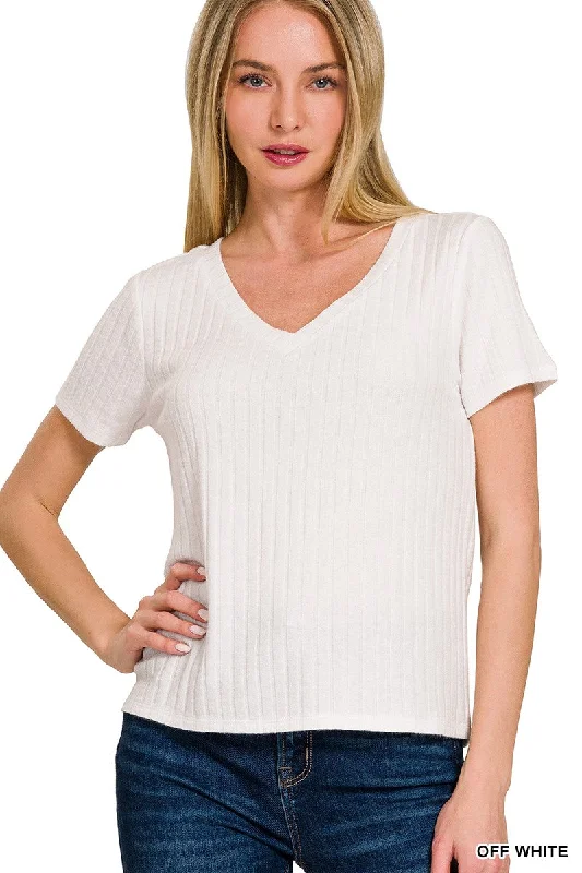 RIBBED SHORT SLEEVE V NECK TOP IN OFF WHITE