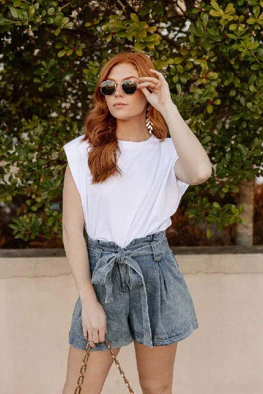 THE "PULL IT TOGETHER" SHOULDER PAD SLEEVELESS TEE IN WHITE