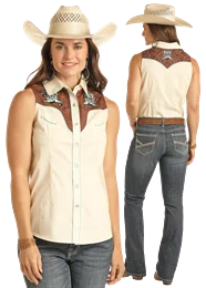 Women's Cream Sleeveless Snap Embroidered Shirt