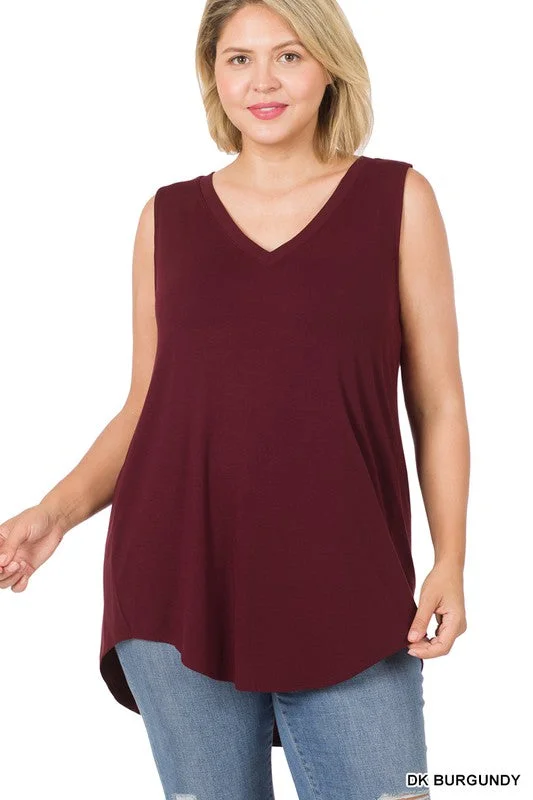 Womens LUXE RAYON SLEEVELESS V-NECK HI-LOW HEM TOP in dk. burgundy