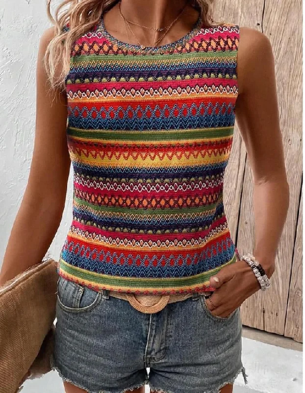 Ethnic Wavy Pattern Round Neck Sleeveless Top