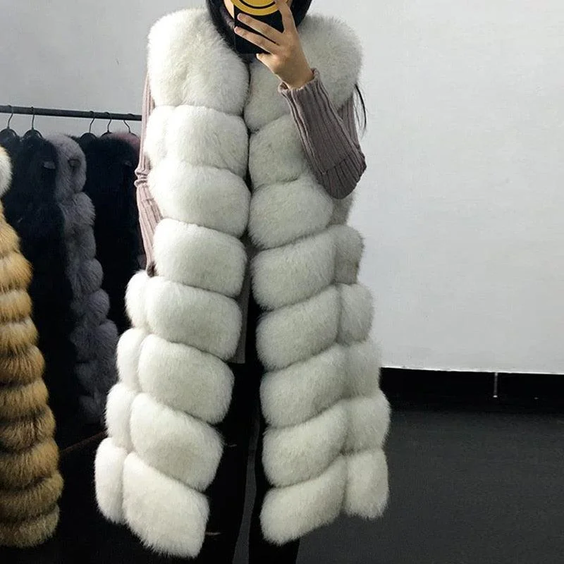 Casual Warm Slim Sleeveless Long Faux Fox Fur Jacket