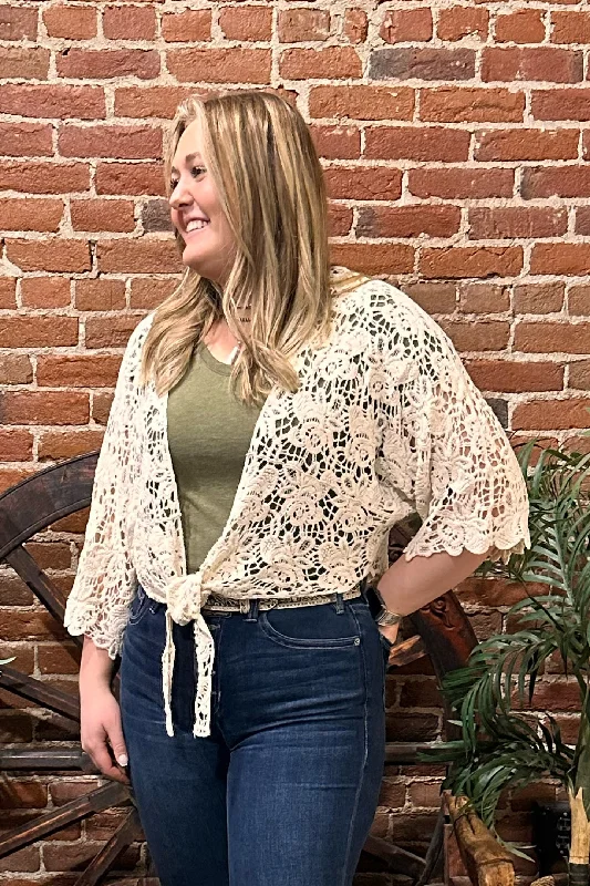 Crochet Tie Front Crop Cardigan by Origami Apparel