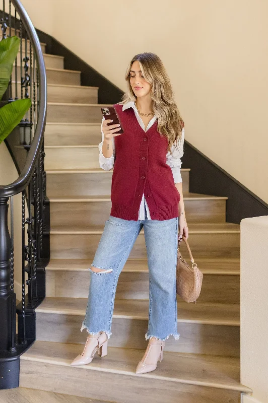 Marina Sleeveless Button Down Sweater Vest Burgundy