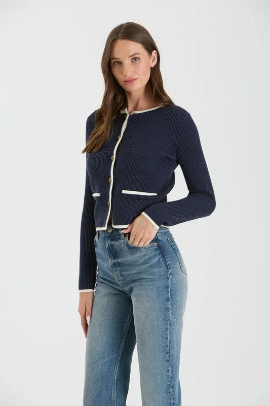 Ophelia Long Sleeve Contrast Button Down Knit Cardigan Navy