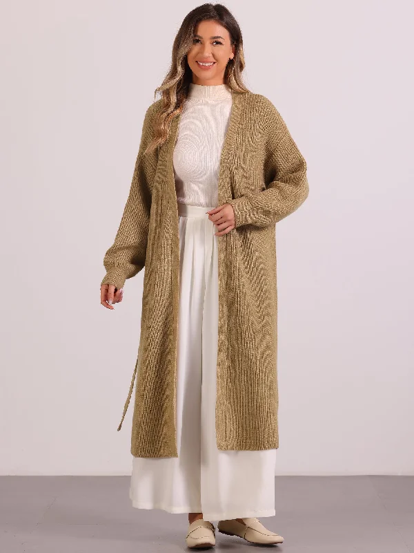 Open Front Long Sleeve Belted Knit Sweater Long Cardigan