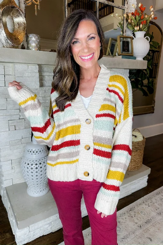 Striped Jewel Toned Button Down V Neck Sweater Cardigan