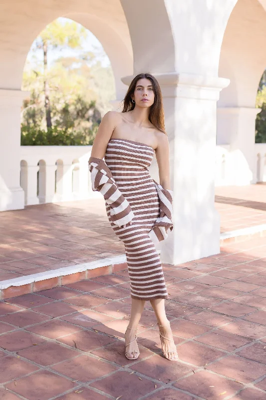 Trinity Sleeveless Stripe Print Knit Midi Dress And Cropped Cadigan Set Taupe