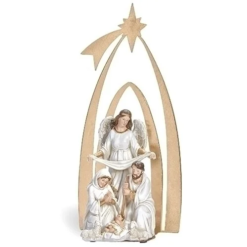 12.75" White Holy Family Nativity with Angel Figurine and Gold Metal Arch