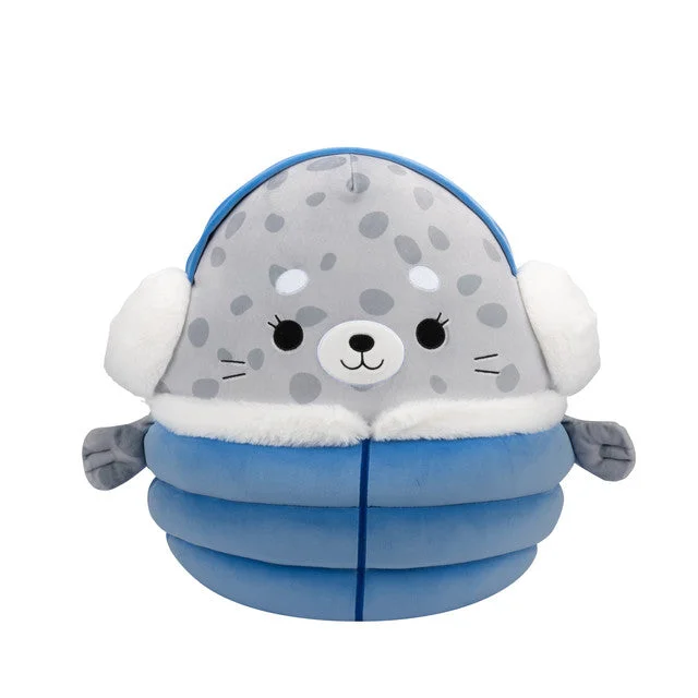 Christmas Squishmallow Odile the Grey Spotted Seal with Blue Puffer Jacket 12" Stuffed Plush by Jazwares