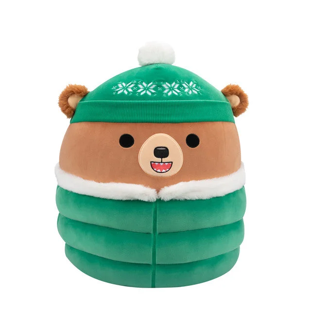 Christmas Squishmallow Stokely the Brown Kodiak Bear with Green Puffer Jacket 12" Stuffed Plush by Jazwares