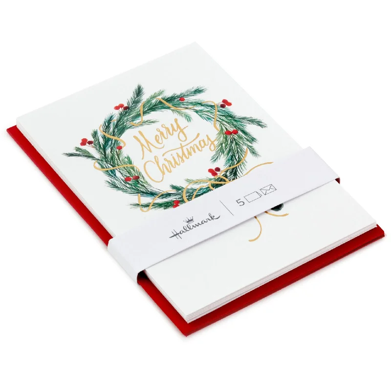 Hallmark Pine and Berry Wreath Packaged Christmas Cards, Set of 5