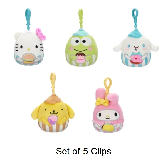 Set of 5 Sanrio Foodtruck Treats Squishmallow 3.5" Clip Stuffed Plush by Jazwares