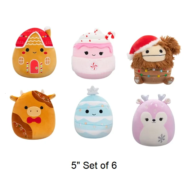 Set of 6 Christmas Squishmallow Blue Tree, Pink Fawn, Hot Chocolate, Bigfoot, Gingerbread Cow and House 5" Stuffed Plush by Jazwares