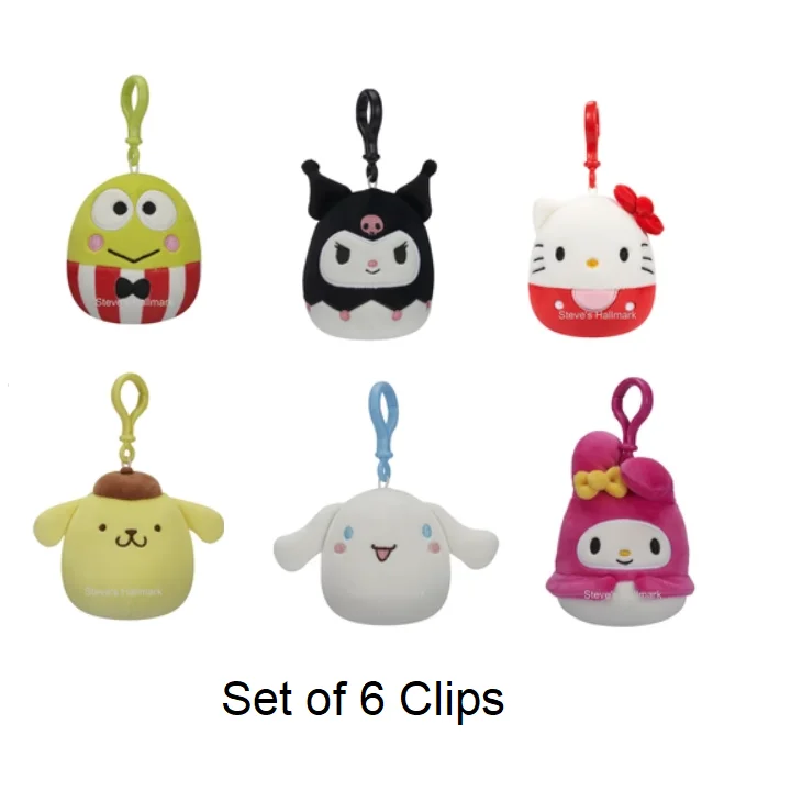 Set of 6 Sanrio Squishmallow Classic Hello Kitty, My Melody, Kuromi, Keroppi, Pompompurin, and Cinnamoroll 3.5" Clip Stuffed Plush by Kelly Toy Jazwares