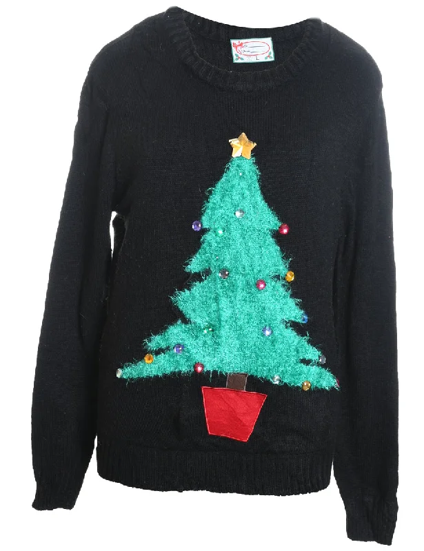 Christmas Tree Design Black Knit Jumper - L