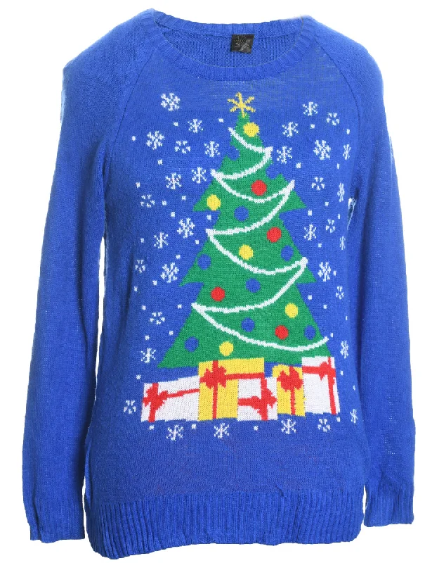 Christmas Tree Design Blue Knit Jumper - M