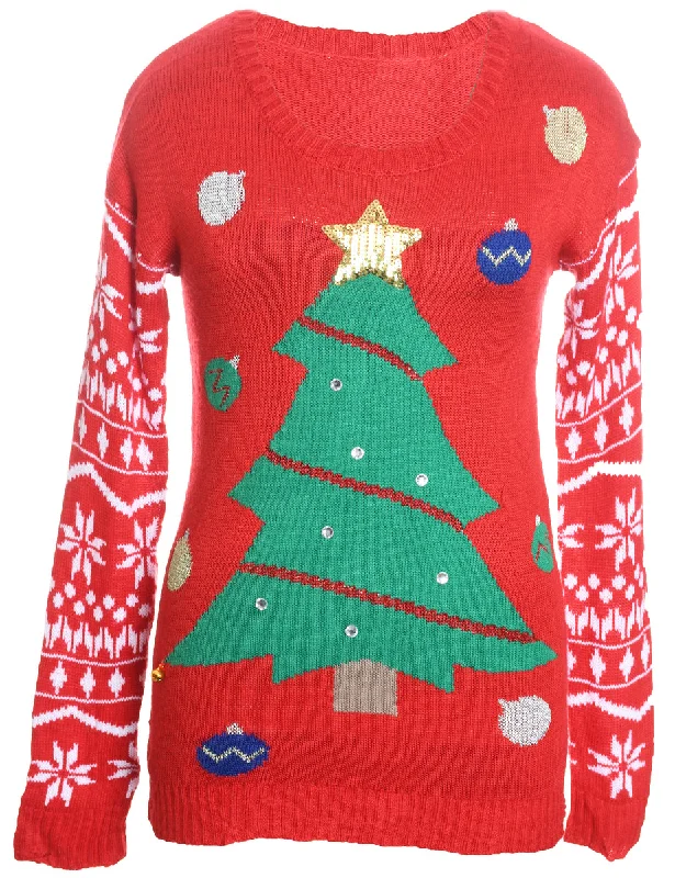 Christmas Tree Design Red, Green & White Knit Jumper - S