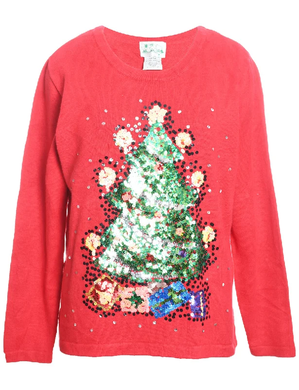 Christmas Tree Design Red Sequined Jumper - L