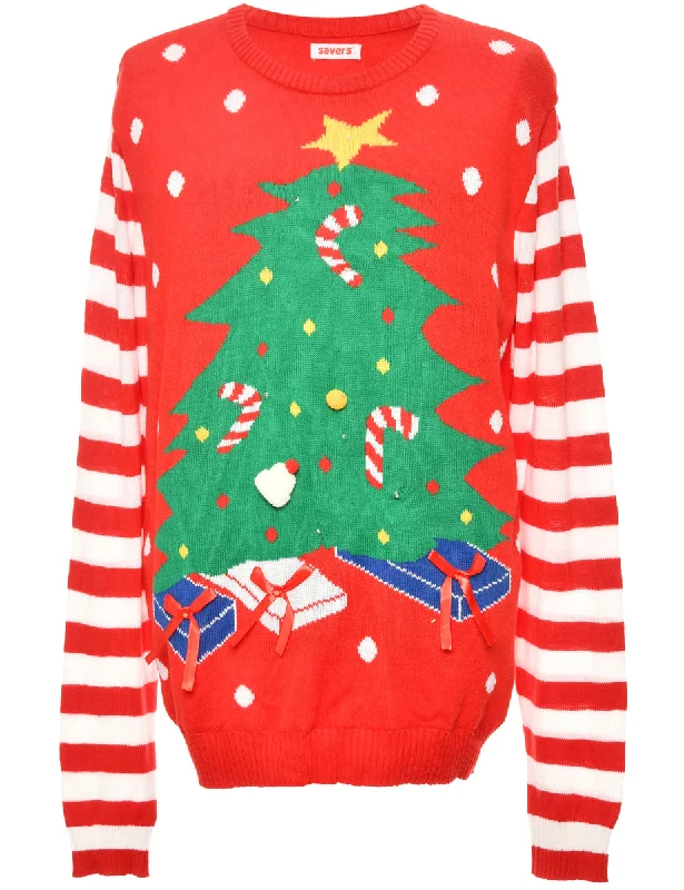 Christmas Tree Knit Red Christmas Jumper - XL