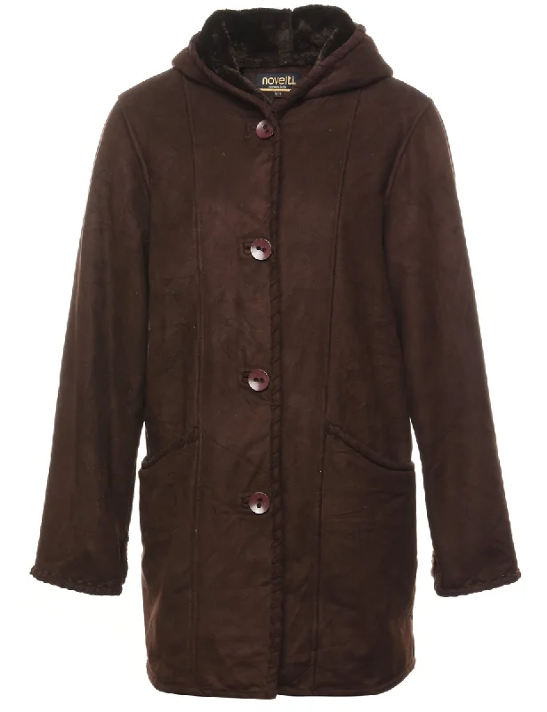 Dark Brown Suede Hooded Coat - M