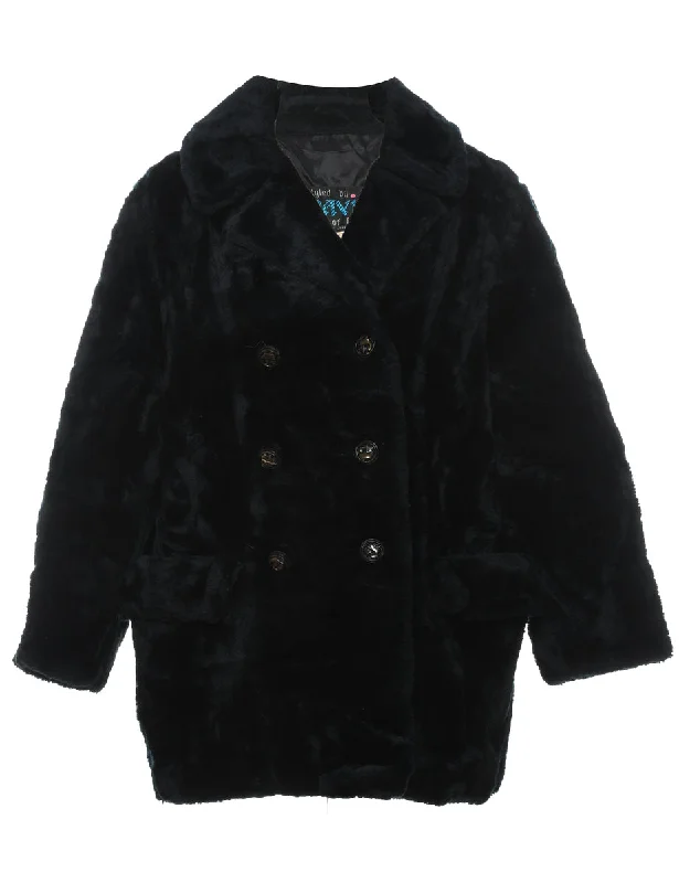 Double Breasted Classic Black Faux Fur Coat - L