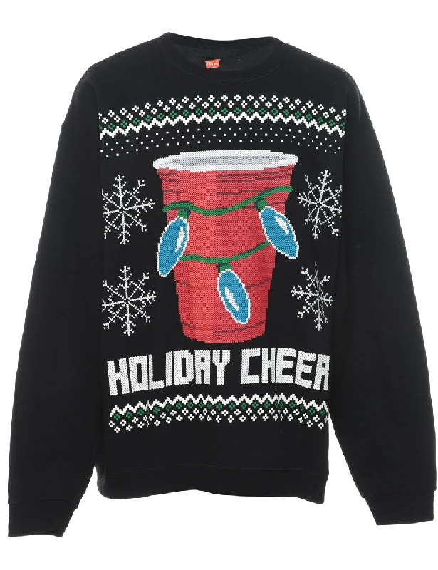 Festive Season Black Printed Christmas Sweatshirt - L